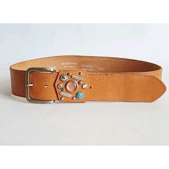 Vintage Accessories by Pearl Belt M Tan Leather Western Turquoise Studded Stones main image 4